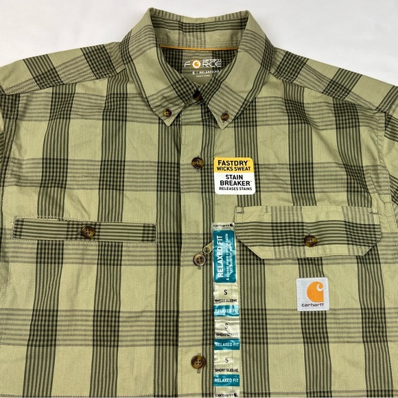 Carhartt Force Mens Relaxed Fit Button Shirt Small Plaid Short Sleeve Olive B4 - Picture 4 of 7